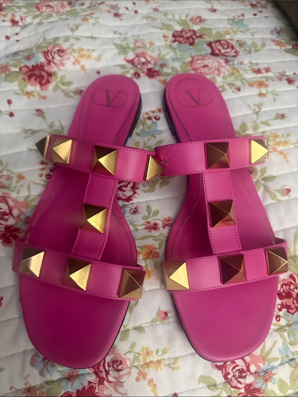 Valentino Hot Pink Leather Slide Sandals with Gold Pyramid Studs size 9